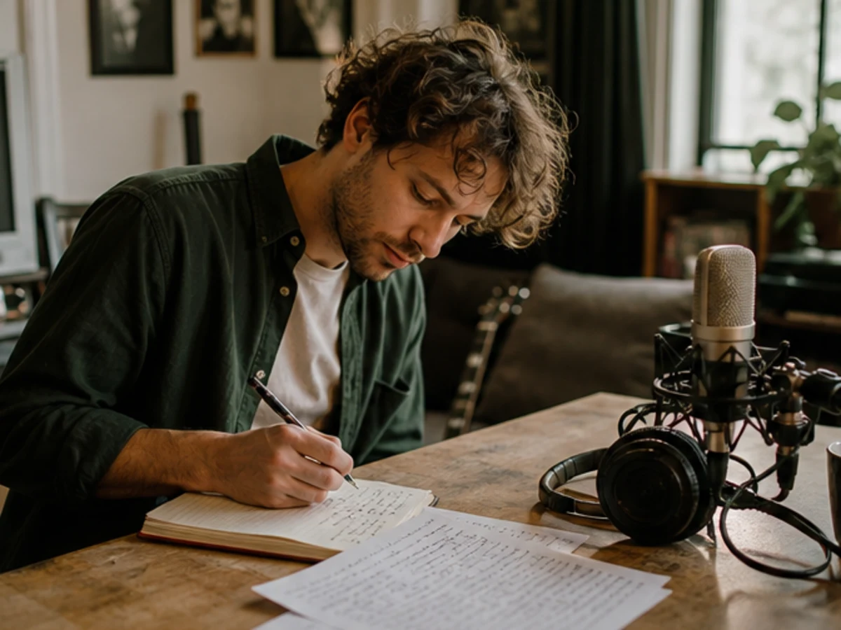 Songwriter reviewing original lyrics beside a vocal song demo