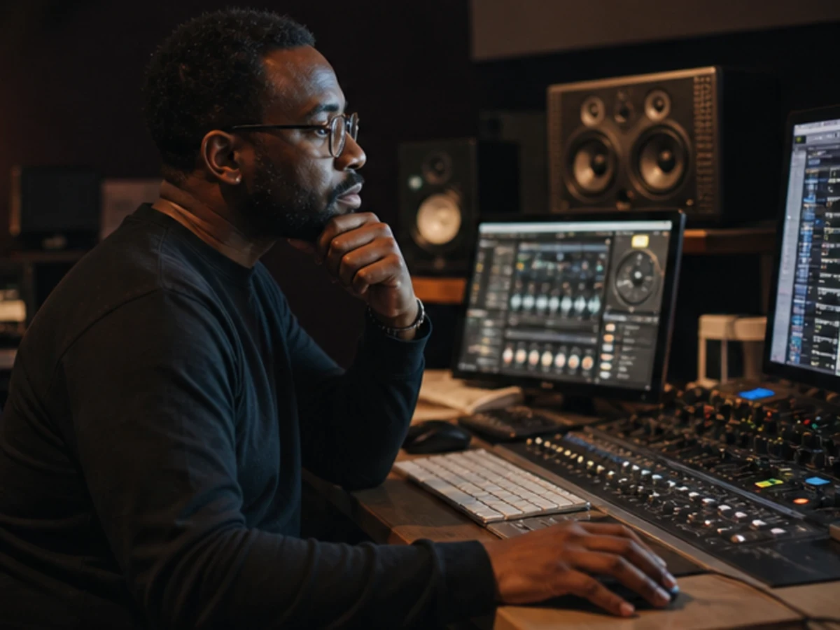 Producer reviewing AI song versions and stems from a creative brief