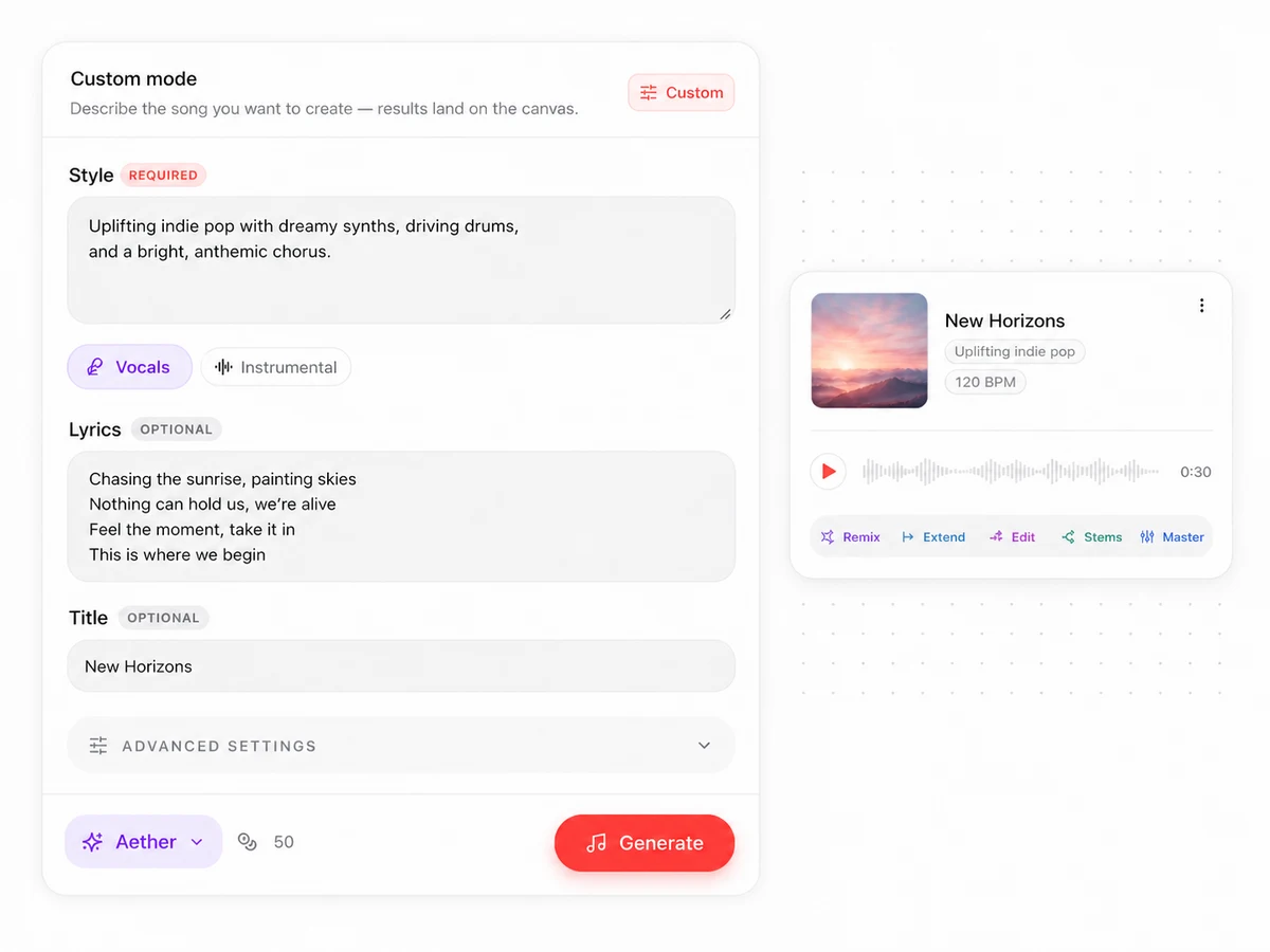 Lacuna Custom mode with style, vocal, lyrics, and title controls