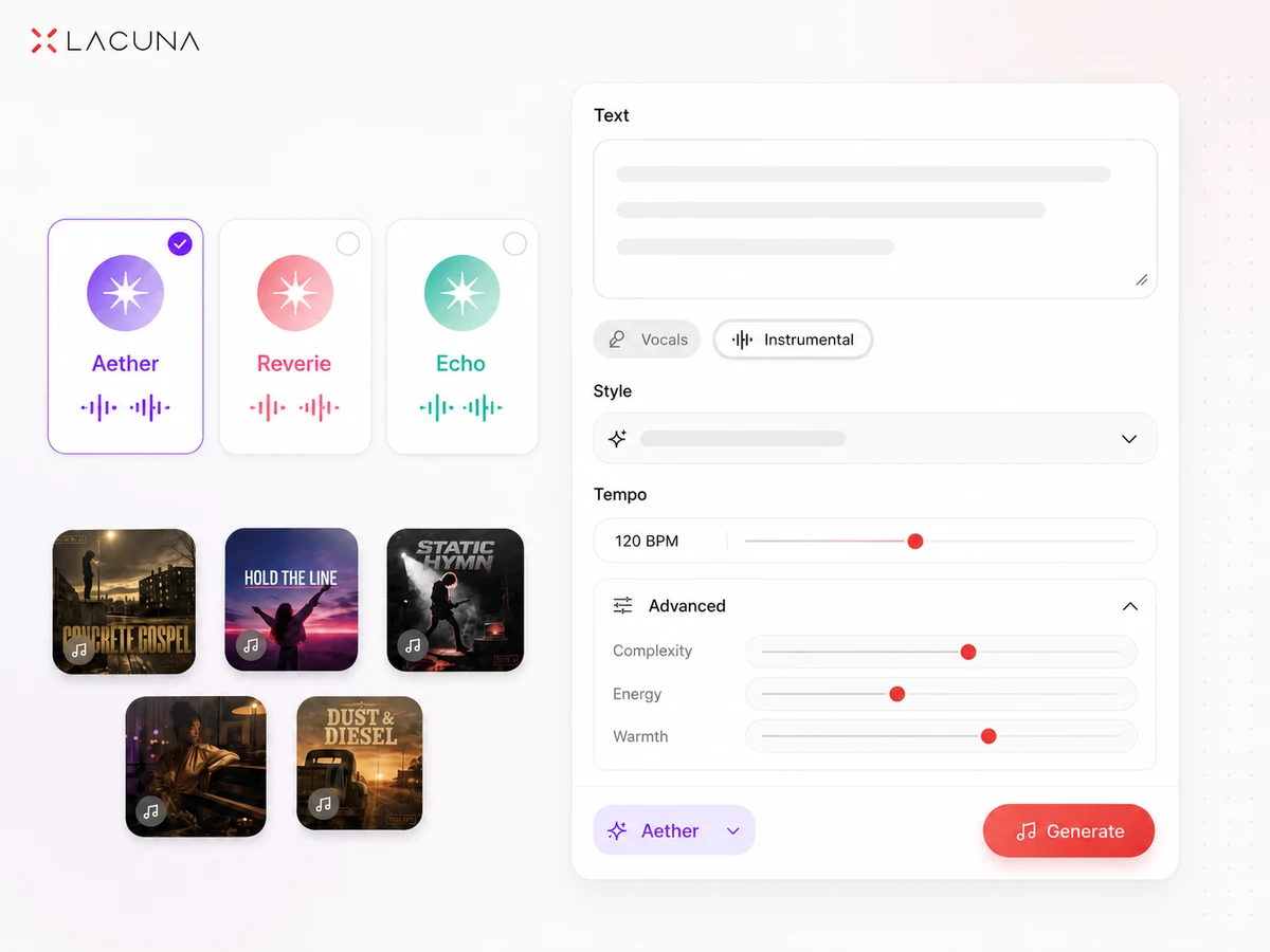 Lacuna model selector comparing Aether, Reverie, and Echo capabilities